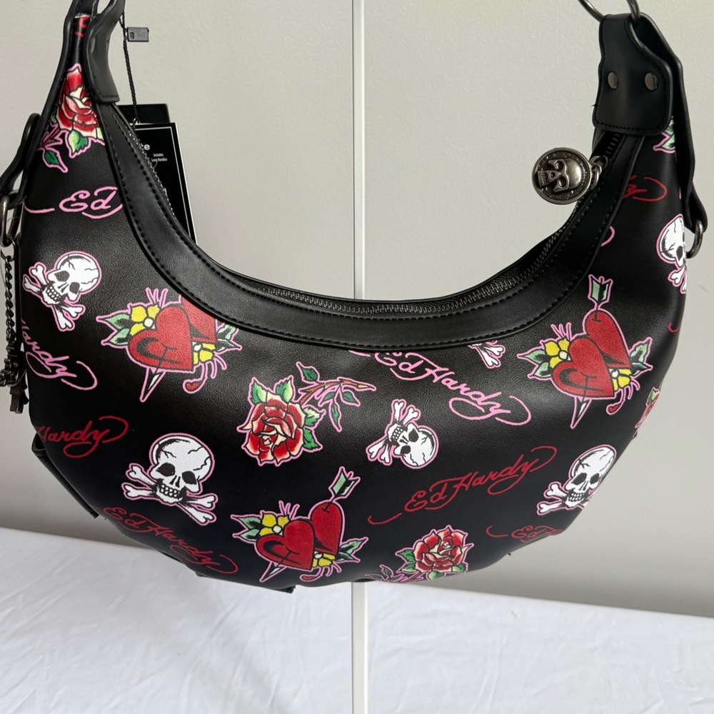 Ed Hardy Black Shoulder Bag with Red Rose & Heart Print - Picture 10 of 11